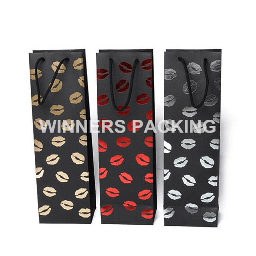 Customized luxury paper wine gift bag with gold hot-stamped logo