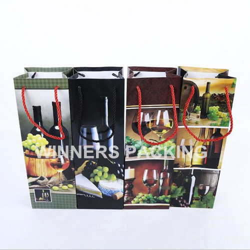 Glossy wine bottle gift paper bag with custom design
