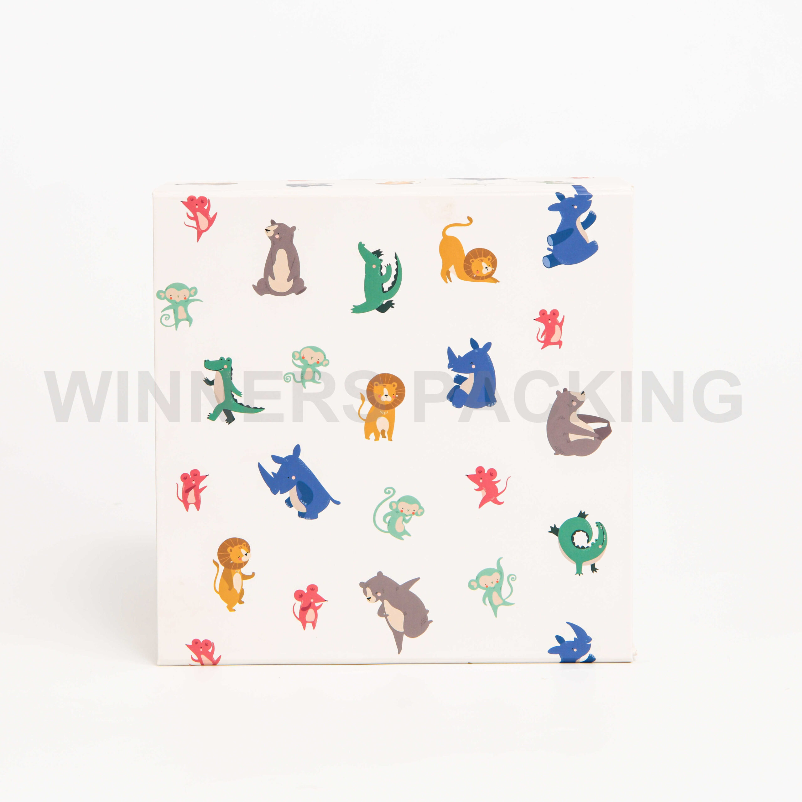 Front view of collapsible kids gift box with cartoon animals
