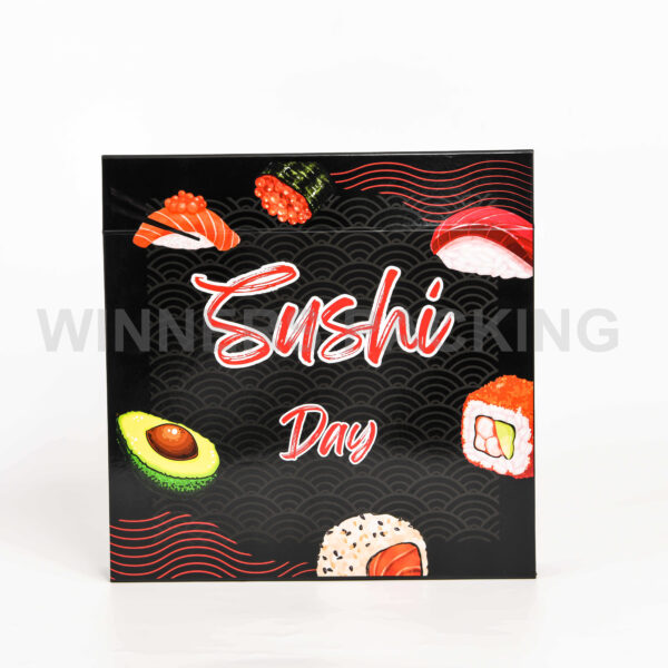 Front view of glossy black collapsible sushi box