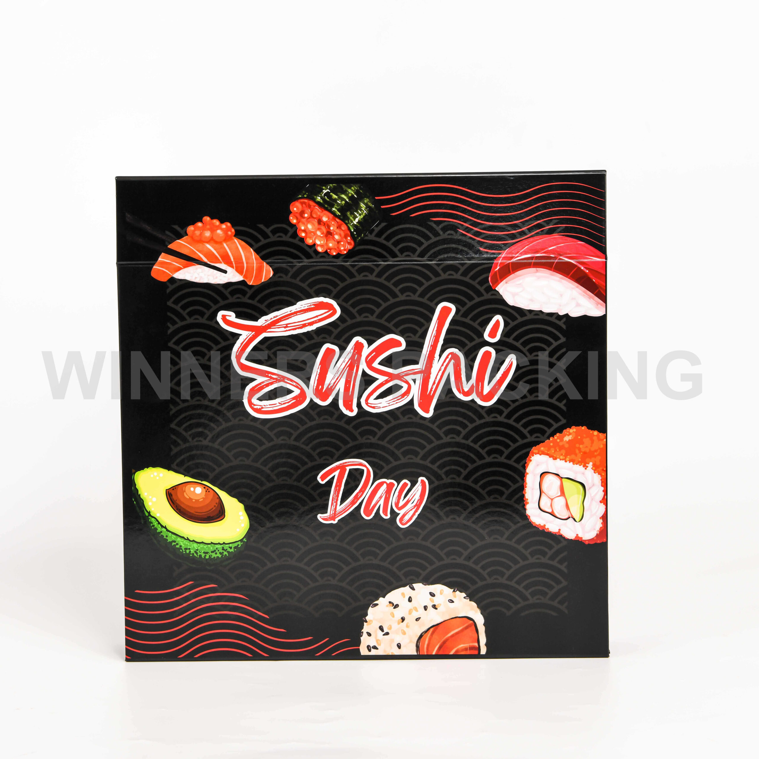 Front view of glossy black collapsible sushi box