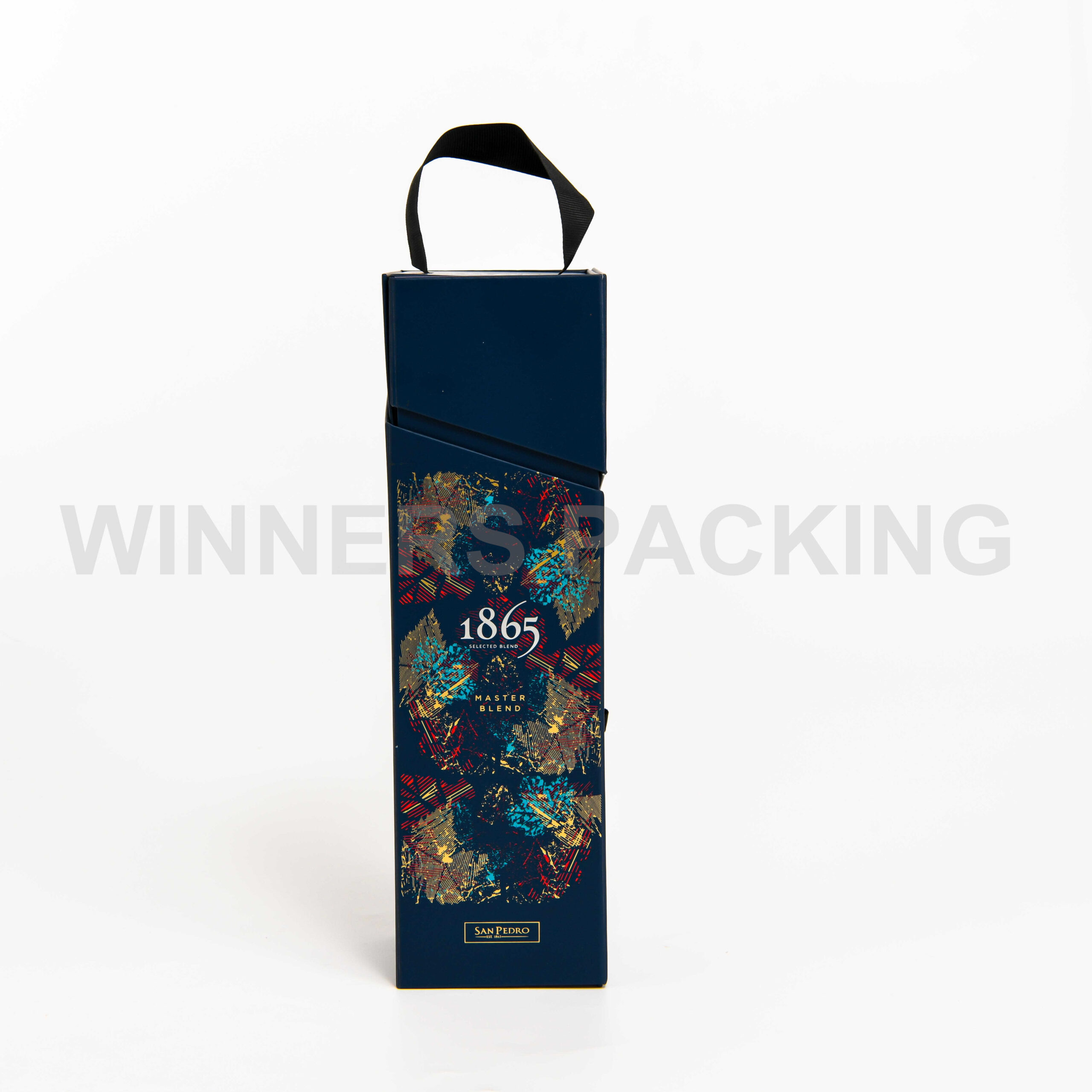 Front view of deep navy blue collapsible wine gift box