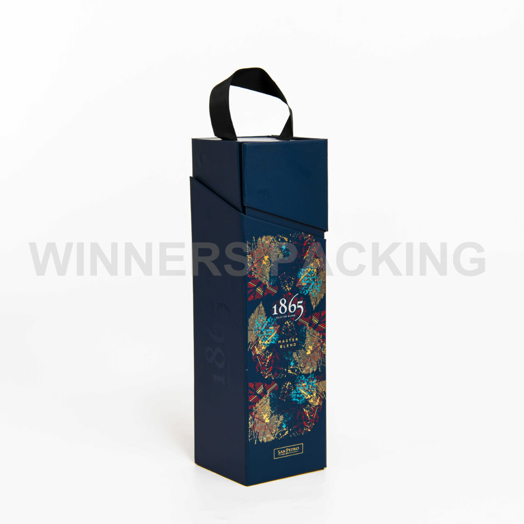 Side view of navy blue foldable wine box