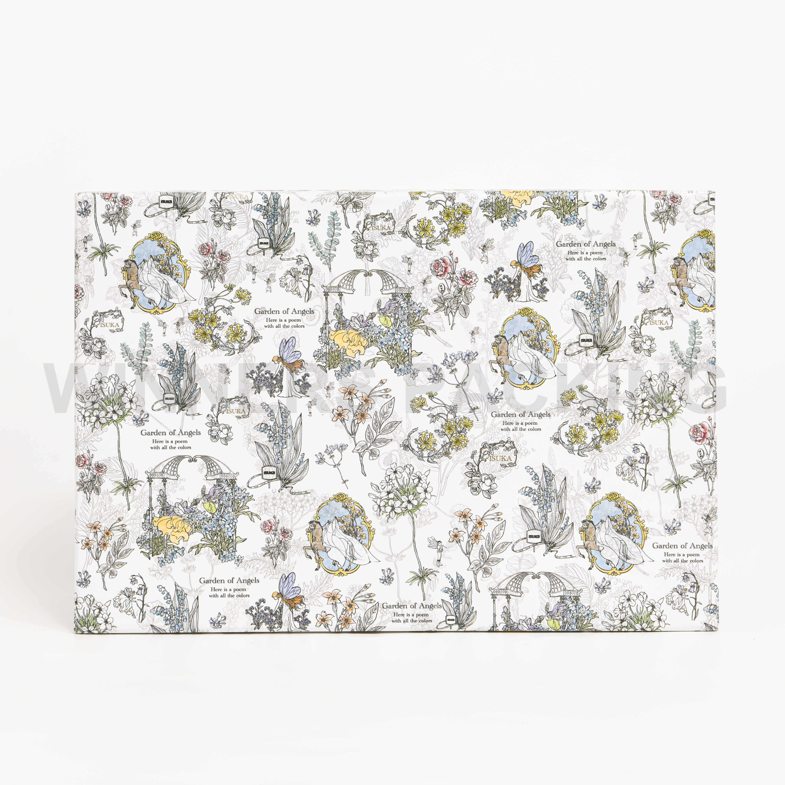 Front view of Garden of Angels illustrated foldable gift box in green