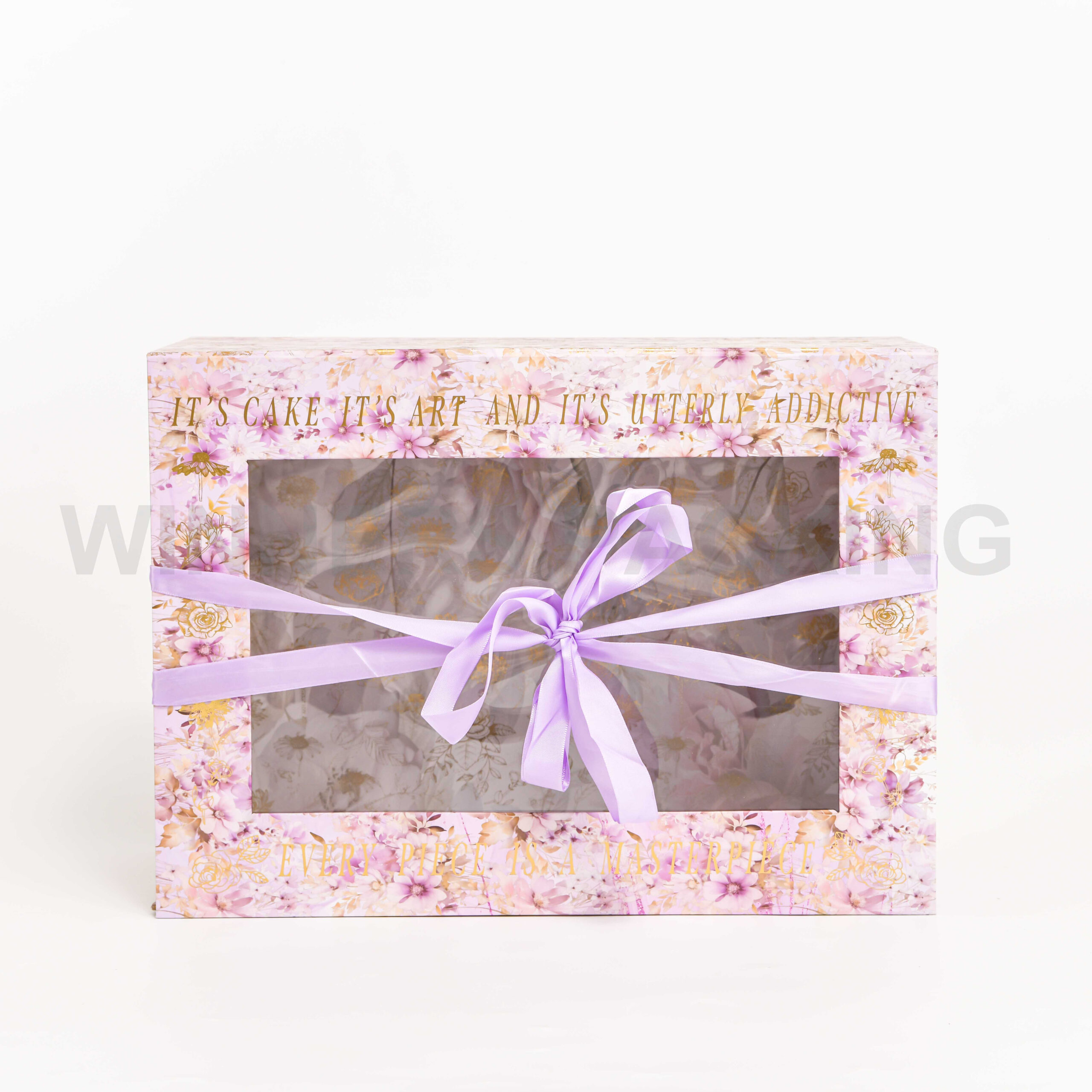 Customized Full-Pattern Floral PVC Window Foldable Cake Box with Ribbon