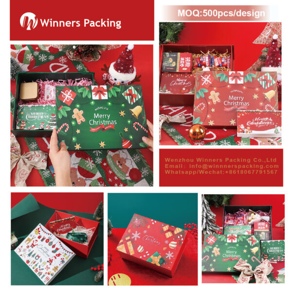 Assorted Christmas foldable gift boxes in red, green, and white