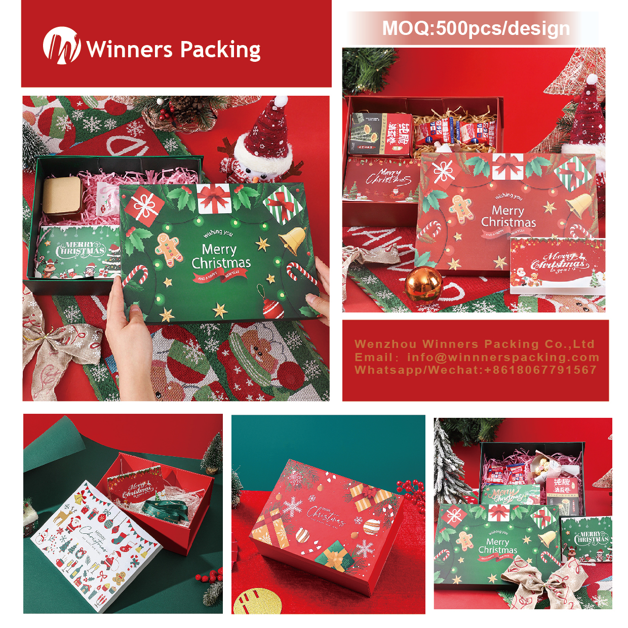 Assorted Christmas foldable gift boxes in red, green, and white