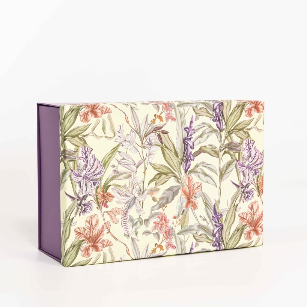 Side view of luxury floral rigid gift box partially open with purple interior 标题文字（title attribute）：Luxury Floral Rigid Box – Side and Lid Design