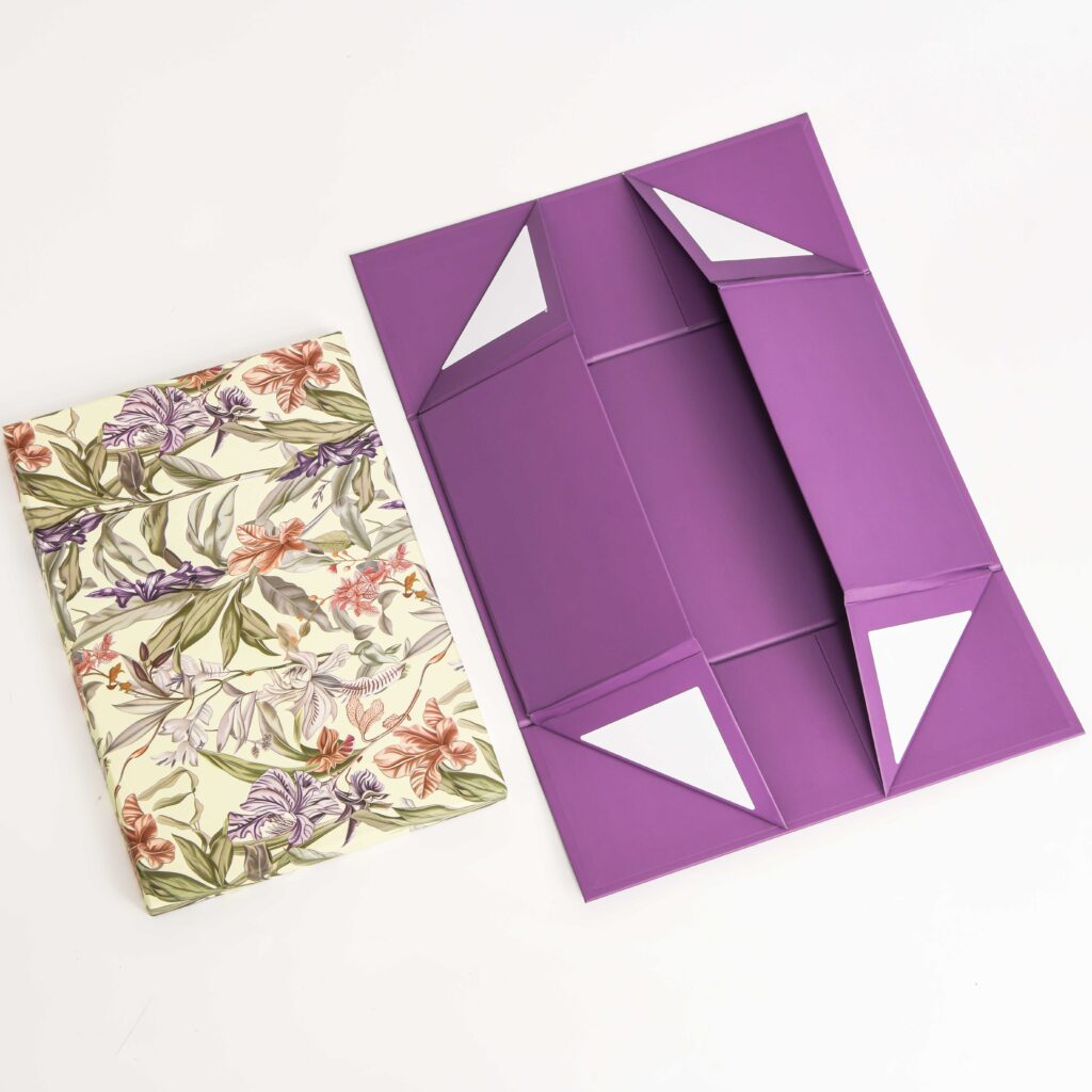 Collapsible structure of floral rigid gift box shown flat and folded