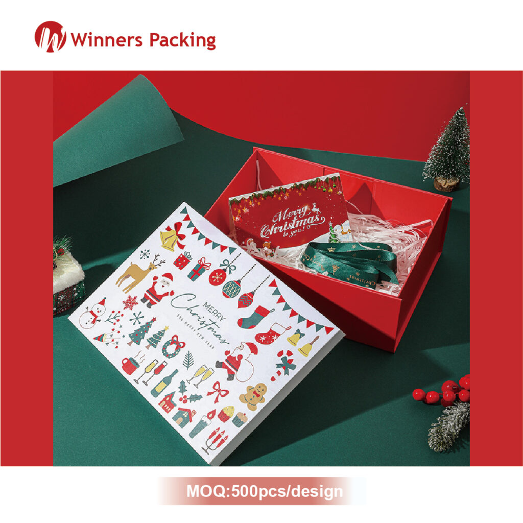Foldable Christmas gift box with white lid, red base, and green-gold ribbon bow